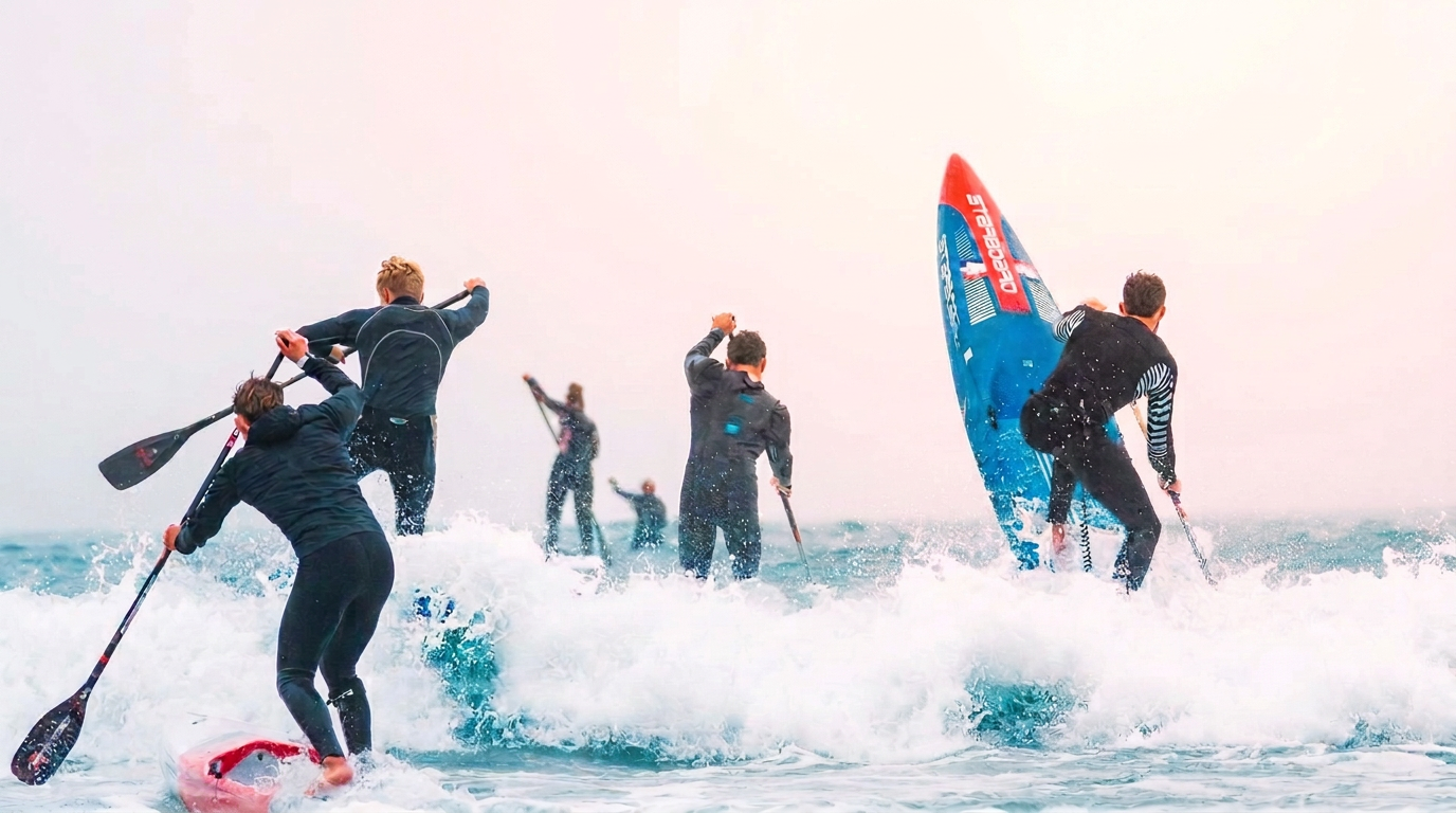 Groupe de sportifs en paddle et surf