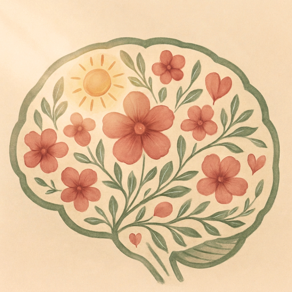 Illustration délicate d'un cerveau fleuri, symbole de l'équilibre mental et du bien-être