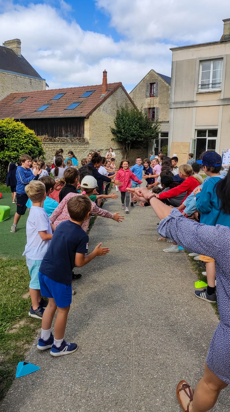 Enfants rassemblés lors d'un événement sportif dans une cour d'école