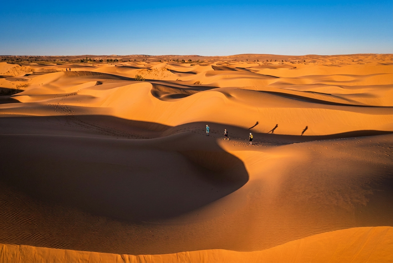 Marcheurs alignés sur une crête de dunes dans le désert